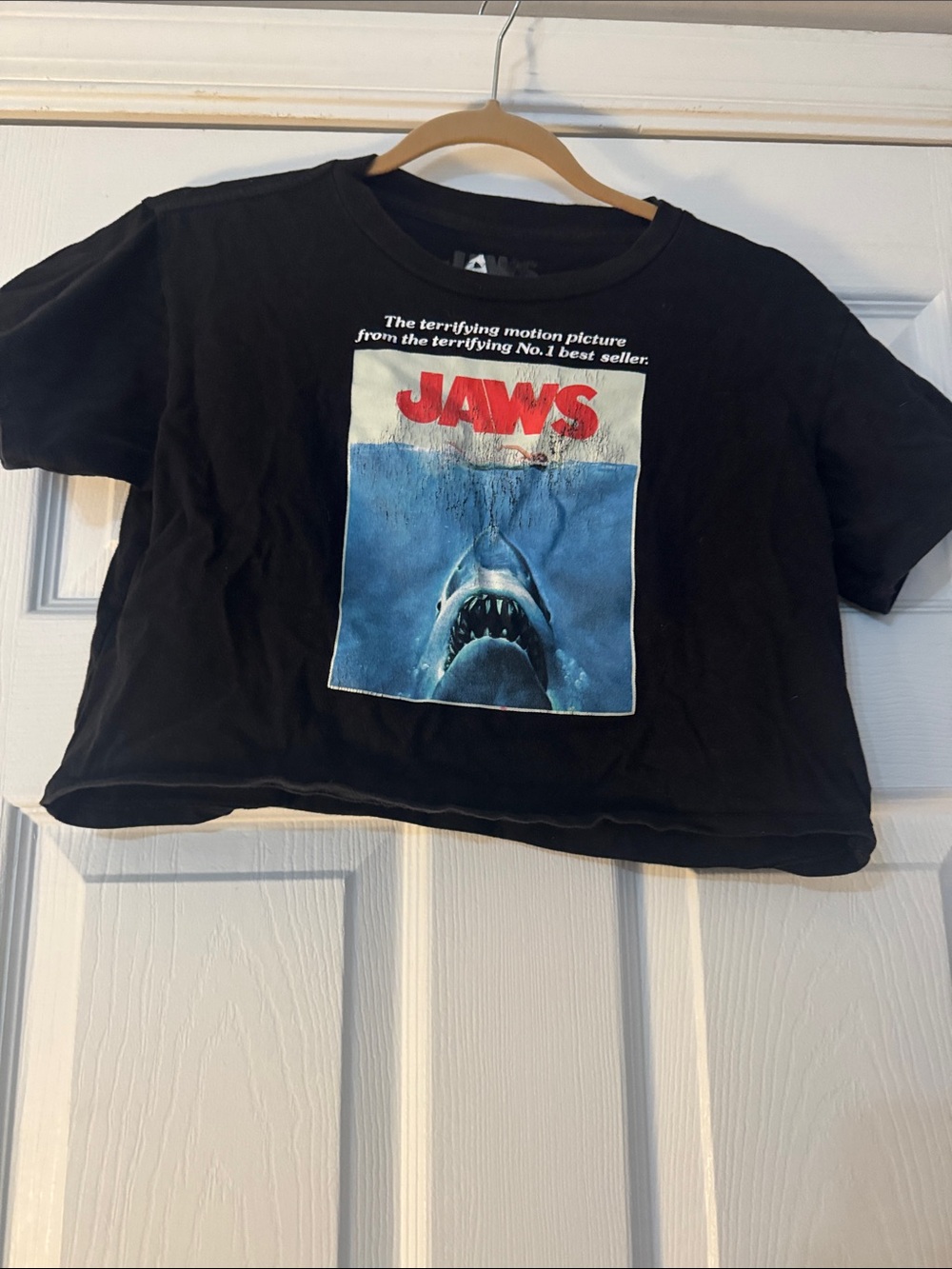 Kids Black Jaws Cropped Graphic Tee - Classic Movie Shark Design
